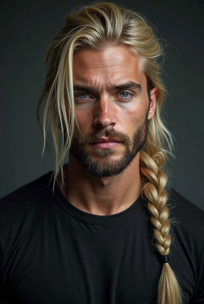 Norwegian man, 35 years old, chops wood, against the backdrop of a dense forest, long wavy blonde hair tied into a ponytail at the back of her head, sweaty, focused, high quality photography, beautiful, masterpiece