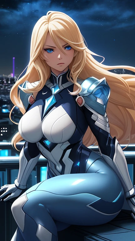 black sci-fi armor, blonde hair,  blue eyes, gigantic breasts, black pistol, solo, standing, ultra-detailed(best quality,highres:1.2), ultra-detailed eyes