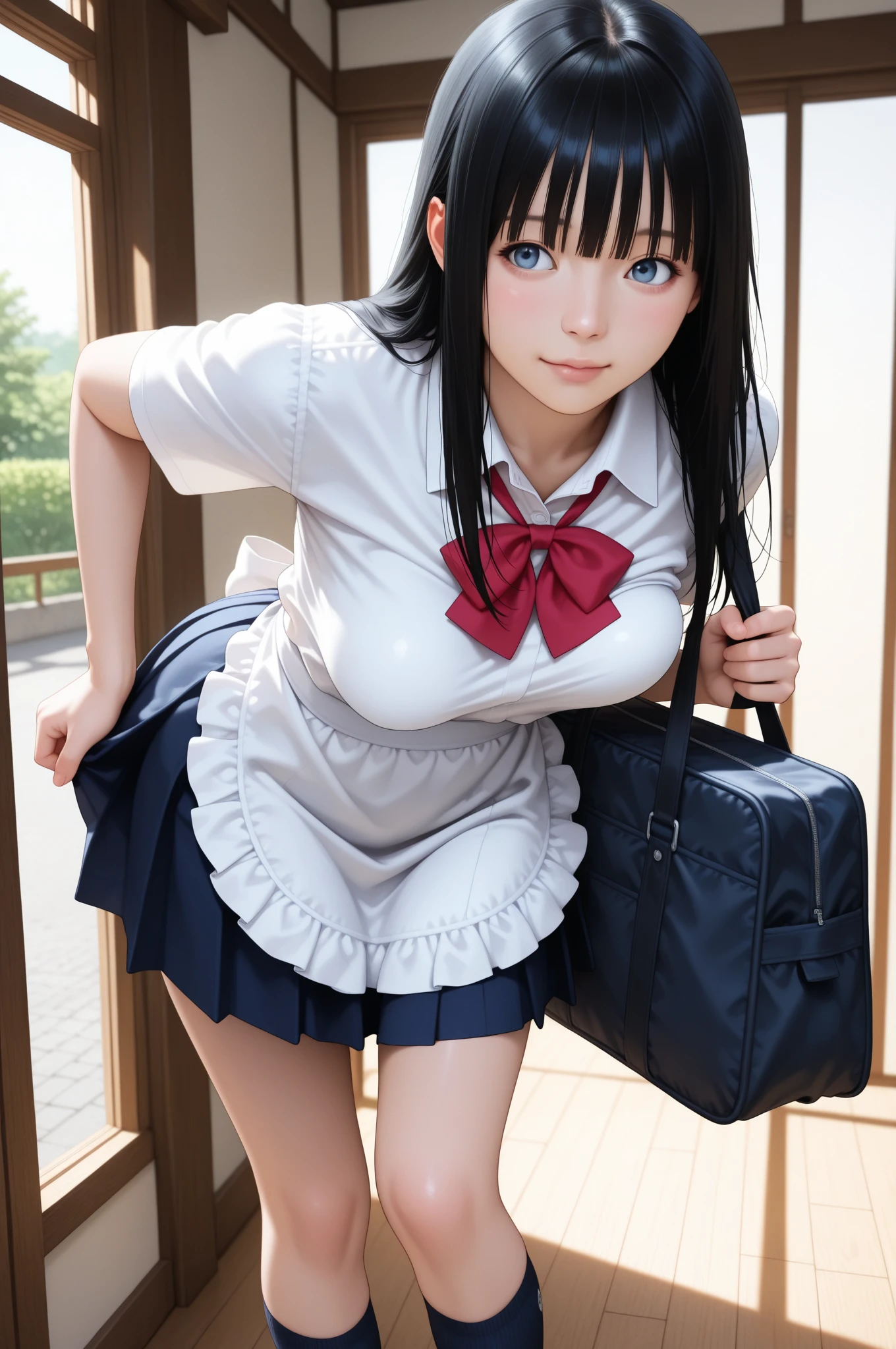 masutepiece,Best Quality,Detailed,outside of house,Wagas,1girl in,Solo,Curve,In the case of a flight attendant uniform,(sodden:1.5)、(ultra gigantic tits)、shaking boobs、