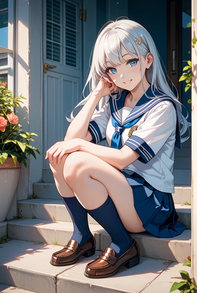 ((masterpiece, best quality)),a girl, solo, skirt, sky, sitting, pantyhose, serafuku, cloud,outdoors, neckerchief ,day, bangs, fence, shirt, ahoge, rooftop, long hair, white pantyhose,white hair, white school uniform, white sailor collar,blue eyes, sailor collar, white skirt, white serafuku blue sky,white shirt, looking at viewer, closed mouth,chain-link fence, white skirt, cloudy sky, pleated,no shoes