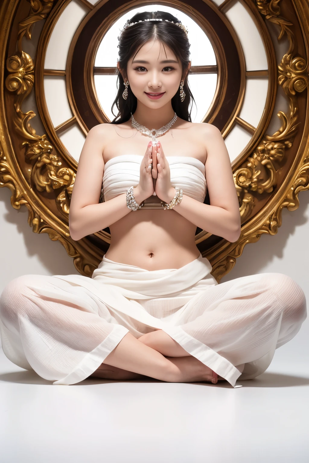 Guanyin bodhisattva fullbody Sit cross-legged ((praying pose)) smile faintly wear white strapless wrap with white long sarong and Wearing a jewelry Bracelet and hair bun style in wedding jewelry open navel, white background