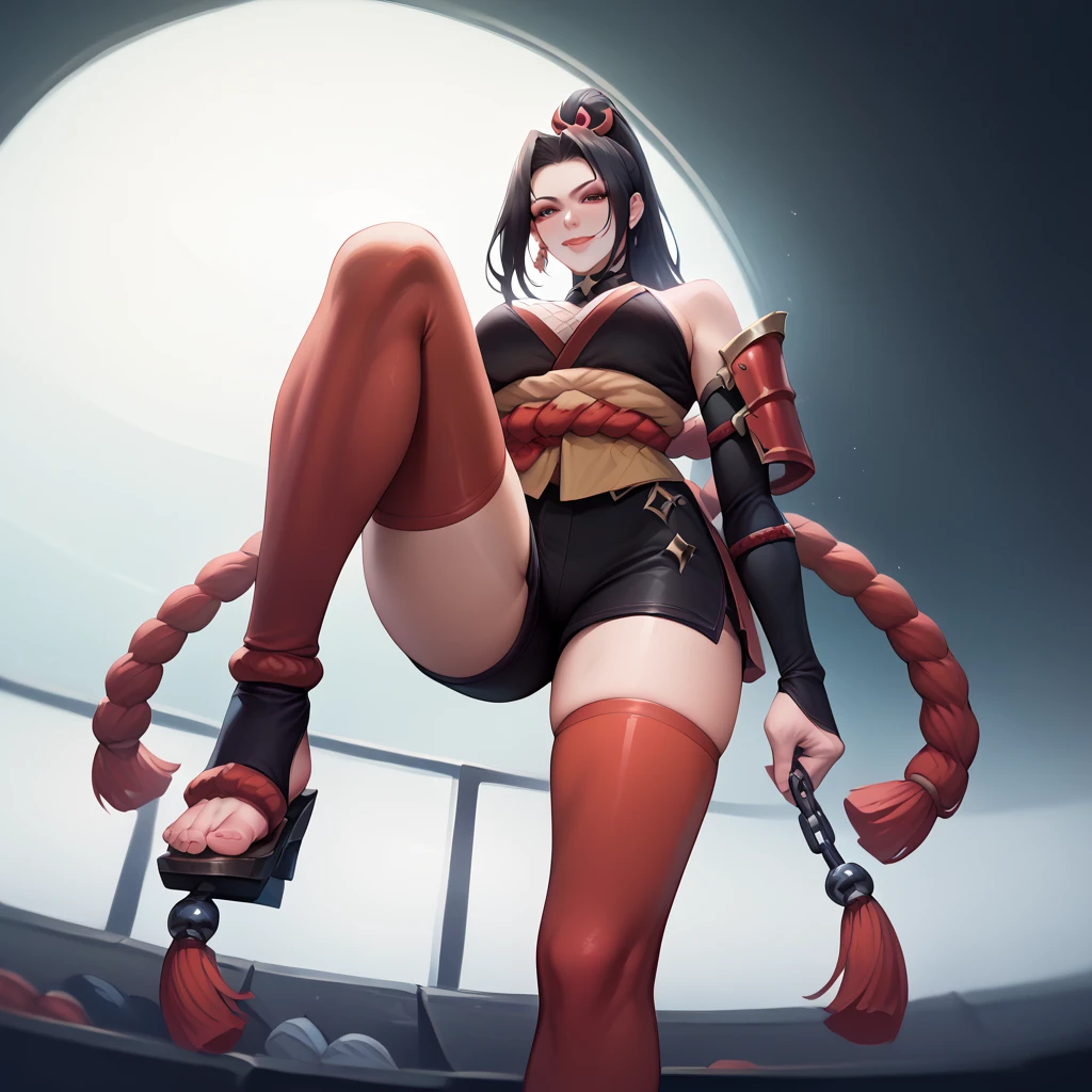 ultra-realistic 8k CG, masterpiece, ((ultra detailed background, fine drawing, intricate details, high detail, better quality fine details, hyper-detailed face)), (photorealistic: 1.4), beautiful lighting, absurdity, RAW photo, film grain, Azula, 1girl, solo, black hair, brown eyes, makeup, lipstick, red lips, single hair bun, navel, side strands, hair decoration, ((medium breasts, slim girl)), (unbuttoned kimono)), squatting, legs spread, ((complex detailed background, inside, dim lighting, moody lighting, inside the castle, inside, medieval castle environment)), erotica, belly tattoo, lust tattoo