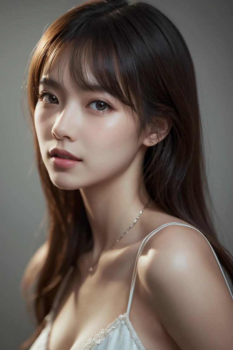 (best quality,4k,8k,highres,masterpiece:1.2), ultra-detailed, (realistic,photorealistic,photo-realistic:1.37), (female portrait), (face close-up), Japanese idol, beautiful detailed eyes, beautiful detailed lips, extremely detailed eyes and face, long eyelashes, brown hair, long hair, brown eyes, naked, nude, detailed lighting, HDR, UHD, studio lighting, ultra-fine painting, sharp focus, physically-based rendering, professional, ((Dark background)), modern, contemporary, color grading, soft lighting,