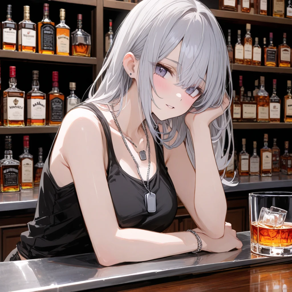 Masterpiece, high resolution, extremely detailed, realistic, 1girl, (((short white hair, brilliant red eyes, soft skin, squishy skin, very cute face:1.2, chubby face))), (((small, short, very young:1.5, in tavern, at bar, very drunk:1.3))), ((red faced, blushing)), ((sexy pose, butt sticking out)), ((white shirt, black jeans, too tight))
