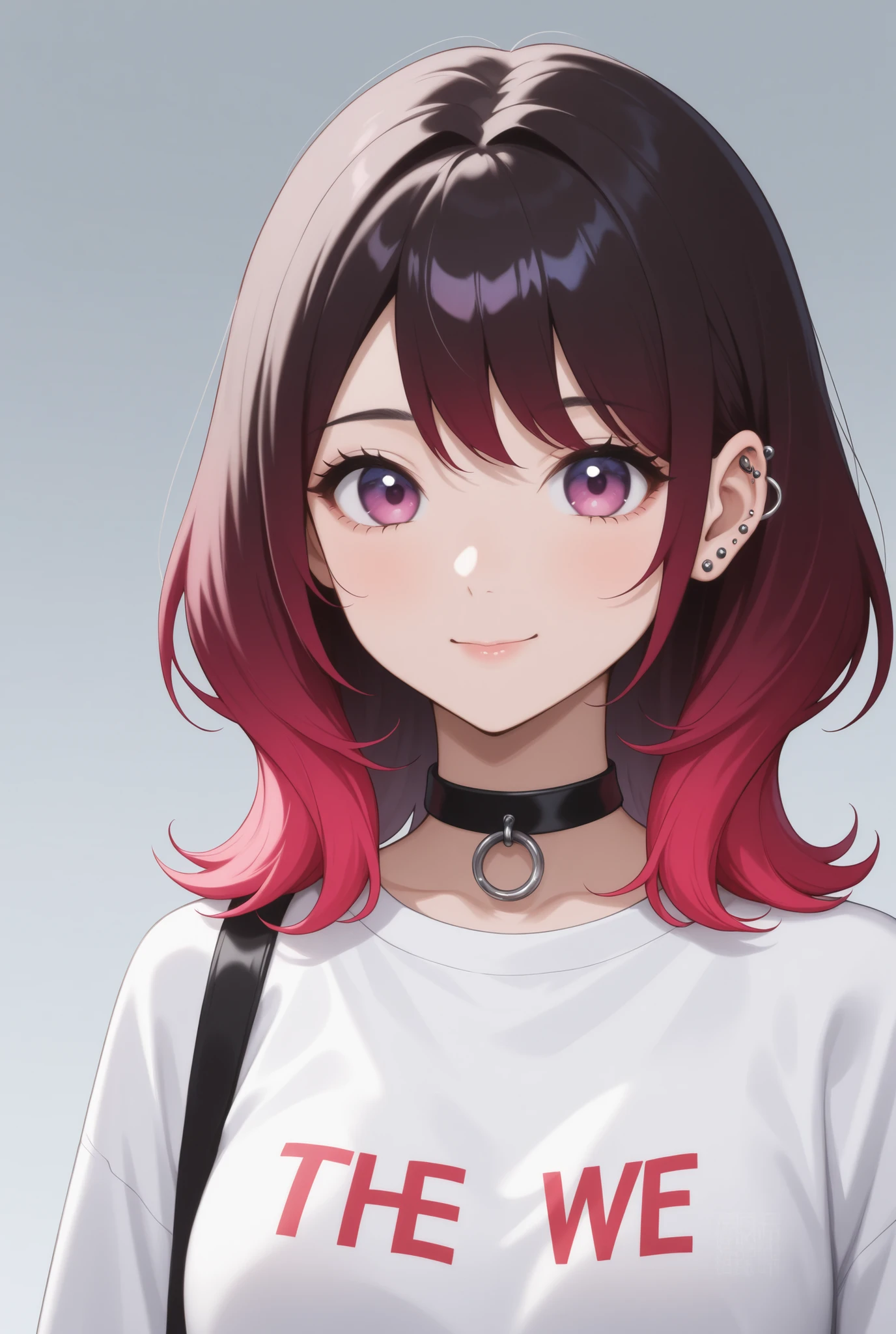 Red gradient hair、medium hair、piercing、casual