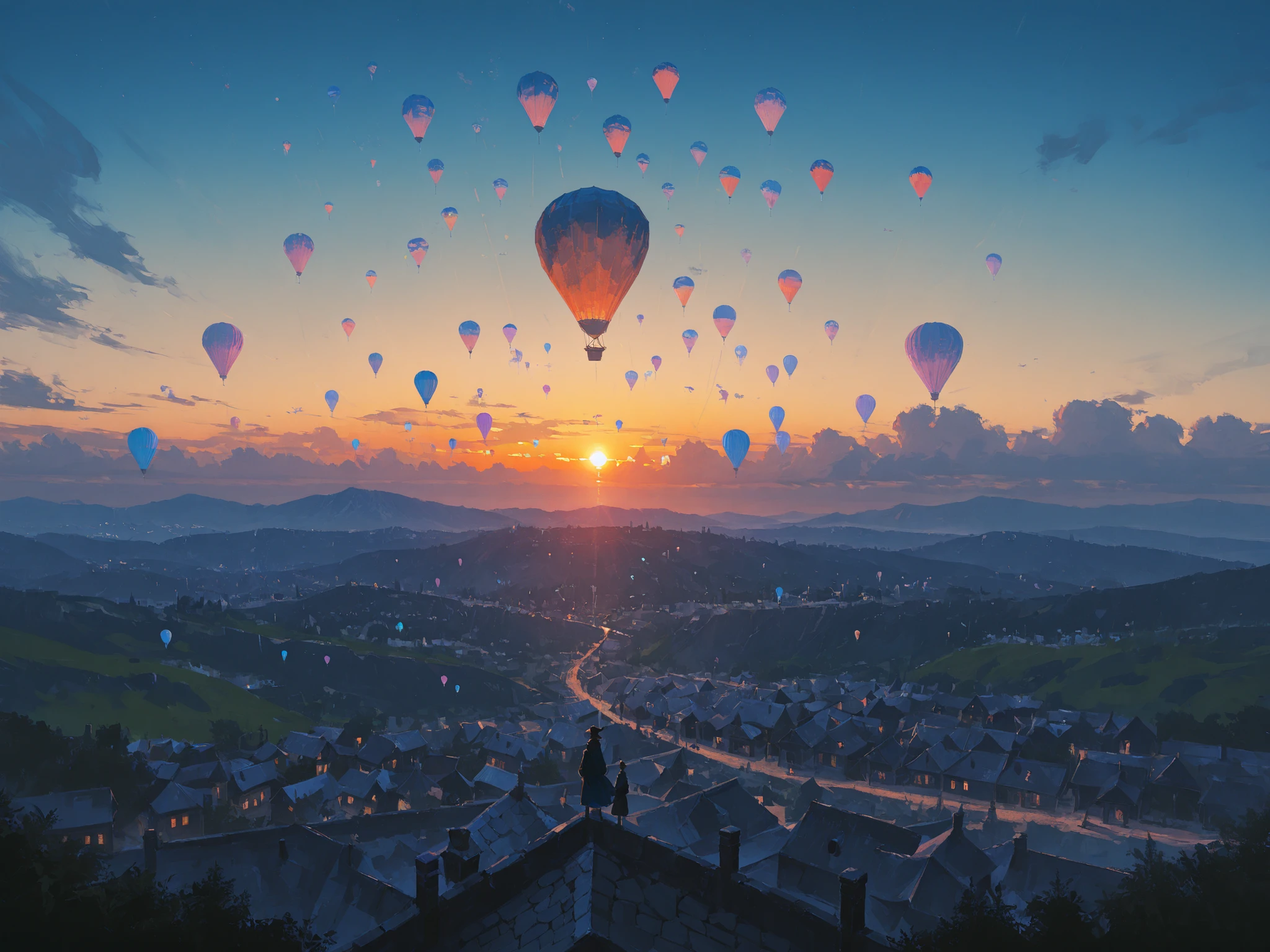 very wide shot, Stone town, sunrise, Many colorful hot air balloons are floating in the air