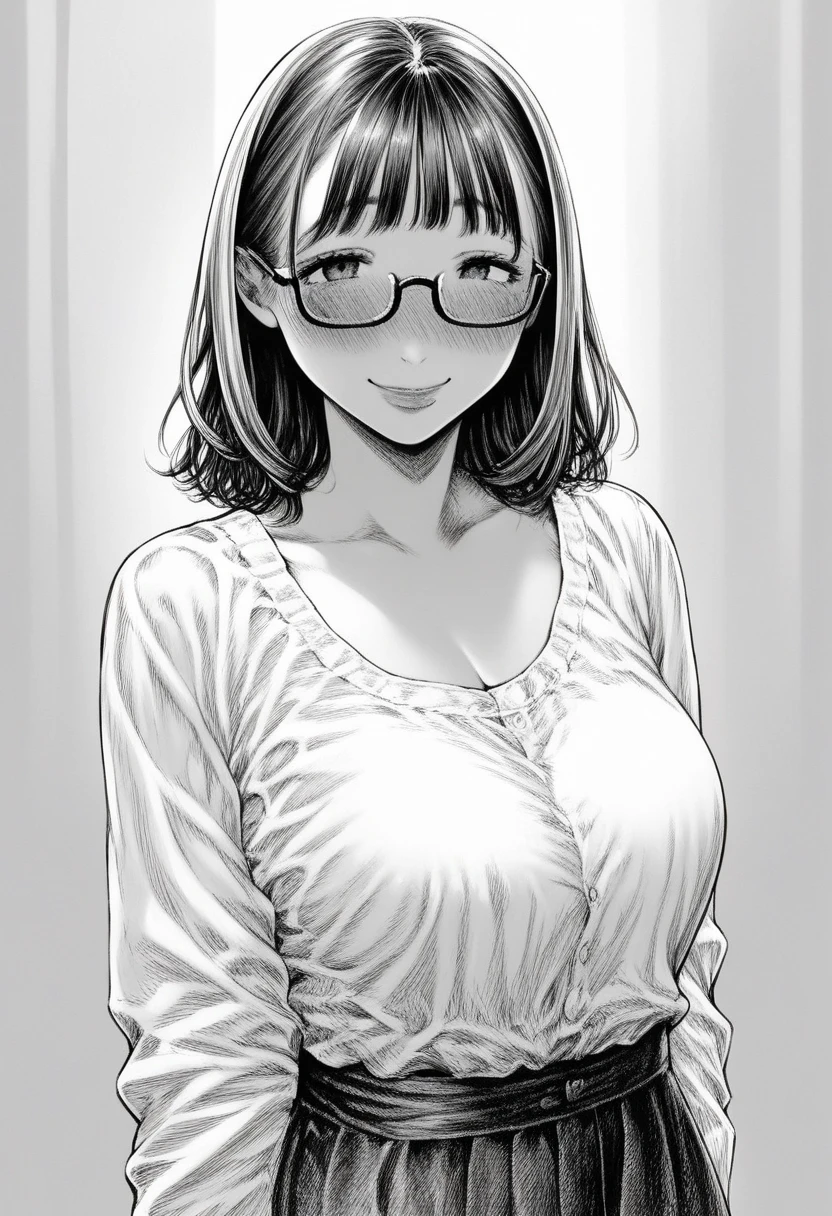 1 milf, long black hair, big breasts, wearing a black t-shirt that shows her cleavage, smiling, wearing a glasses