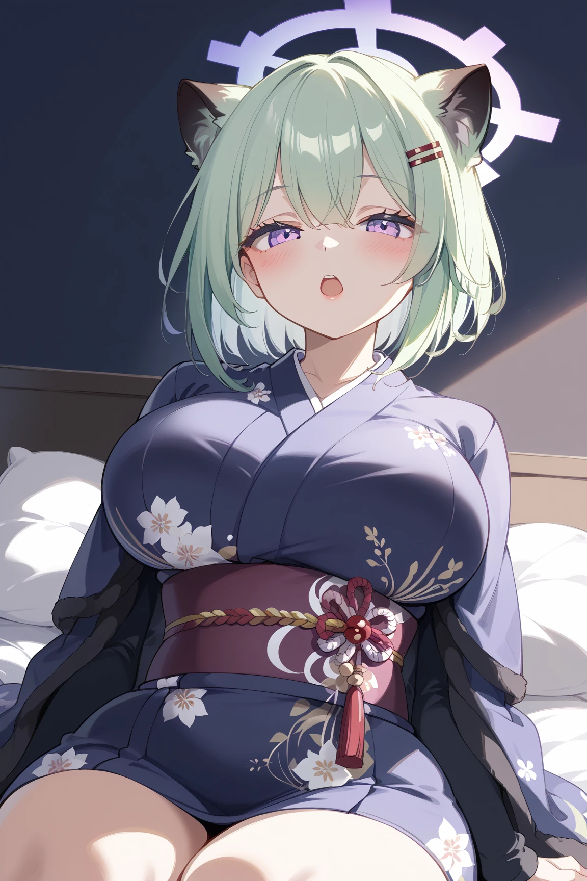 araffe woman in a white dress sitting on a bed, Palace , A girl in Hanfu, White Hanfu, full-body xianxia, Hanfu, with acient chinese clothes, Wearing ancient Chinese clothes, green hair, short hair, trending on cgstation, flowing magical robe, inspired by Gu An, flowing white robe, cleavage, face to detail, detailed eyes, eyes extremely detailed, (half-body:0.6), (blushing: 1.5)