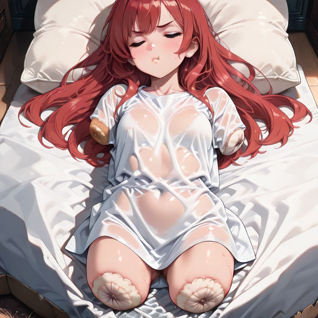 girl, solo, (21years old), lying, blush, on bed, indoors, lying on bed, black tights, (white panties through tights), long hair, (asymmetry bangs:1.2), medium breasts, ((over sized long sleeve white shirts)),see-through shirts, nipples show through under the shirt, looking at viewer, from below,