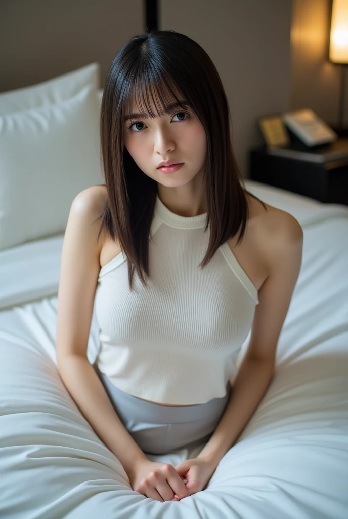 ((Best of the highest quality, 8k, Masterpiece: 1.3, raw photo)), Sharp focus: 1.2, (1 AESPA girl: 1.1), (Solo: 1.18), (realistic, photo-realistic:1.37), face focus, cute face, (Small breasts, flat chest, Thigh: 1.3), messy short hair, (Girls' High School uniform), (Lying on the bed: 1.1), flower, cinematic lighting,