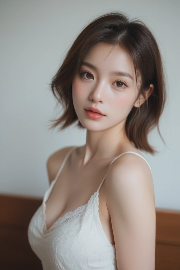beautiful breasts, (cleavage), bob hair, (1girl), 18yo, sweet girl, cute idol, Cheerful, gentle, soothing, beautiful girl with beautiful details, (shiny pink lips:1.3), extremely detailed eye and face, glossy lips, (See-through lace costume with cute details and wide open breasts), Bare shoulders, (Bare chest, areola, nipples:1.35), Realistic, extremely detailed CG unified 8k wallpaper, ighly detailed, High-definition raw color photos, professional photograpy, Realistic portrait, Cinematic Light, Beautiful detailed, (Realistic skin:1.2), (Best Quality:1.4), Super Detail, High quality, Indoor, depth of fields,