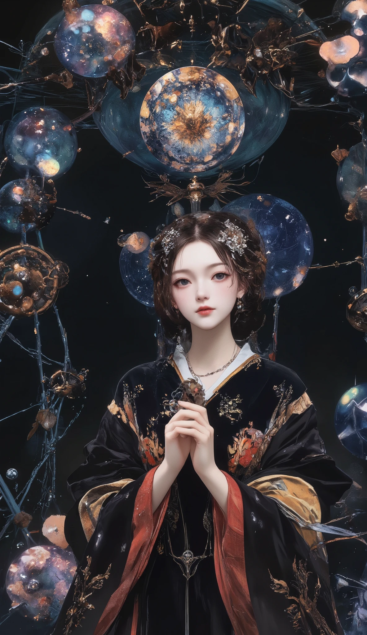 masterpiece, best quality, super res, perfect anatomy, female, detailed face,たくさんのglasswork ballがfemaleの周りに浮かんでいる, The gradation light of the glasswork ball illuminates the dark、Japanese-style makeup、Showa Japanese clothes、fractal kaleidoscope、Wide sleeves、Taisho Romance、dreamy、dramatic, dynamic, absurd, metaphysics