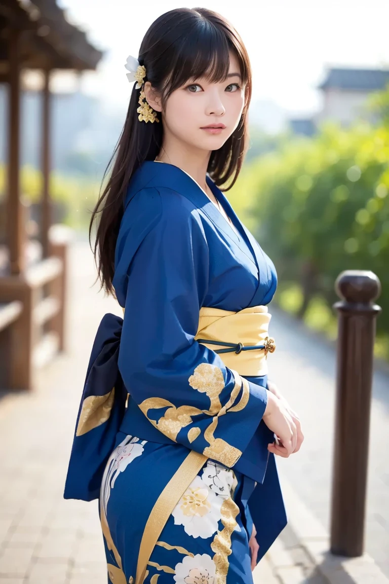 Best Quality, High Resolution, 8K Wallpaper, Beautiful Eyes, Natural Lips, Masterpiece, Super Hi-Res, (Real:1.5) RAW Image, One Woman, Off Shoulder, Japanese Oiran, Decollete, Full Length, Dark Kimono, Long Hair, Japanese Hair Decoration
