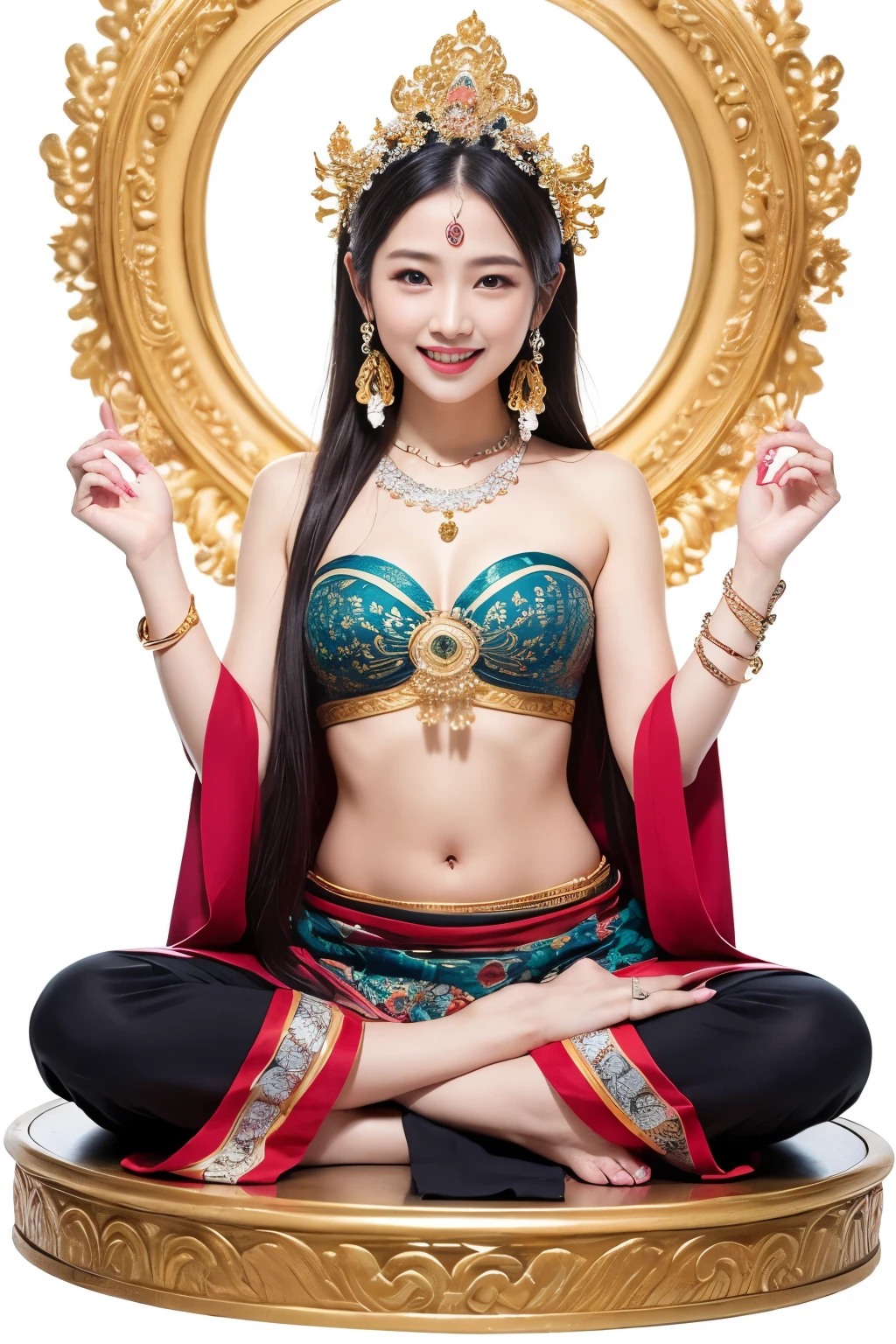 Guanyin bodhisattva fullbody sit meditate put your hand together smile faintly wear strapless wrap with long sarong and Wearing a jewelry Bracelet and hair tie back in wedding jewelry open navel, white background