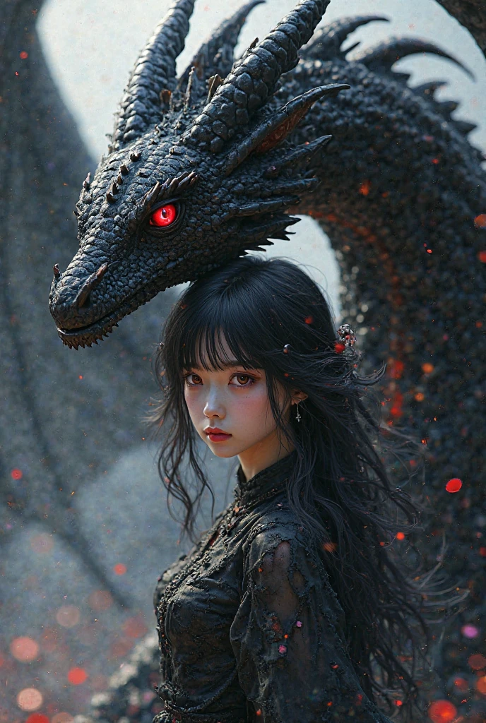 Beautiful woman with red eyes posing for elegant photo with black giant dragon, arpino,Gray Hair,Face to face, Ultra-realistic, Clear images