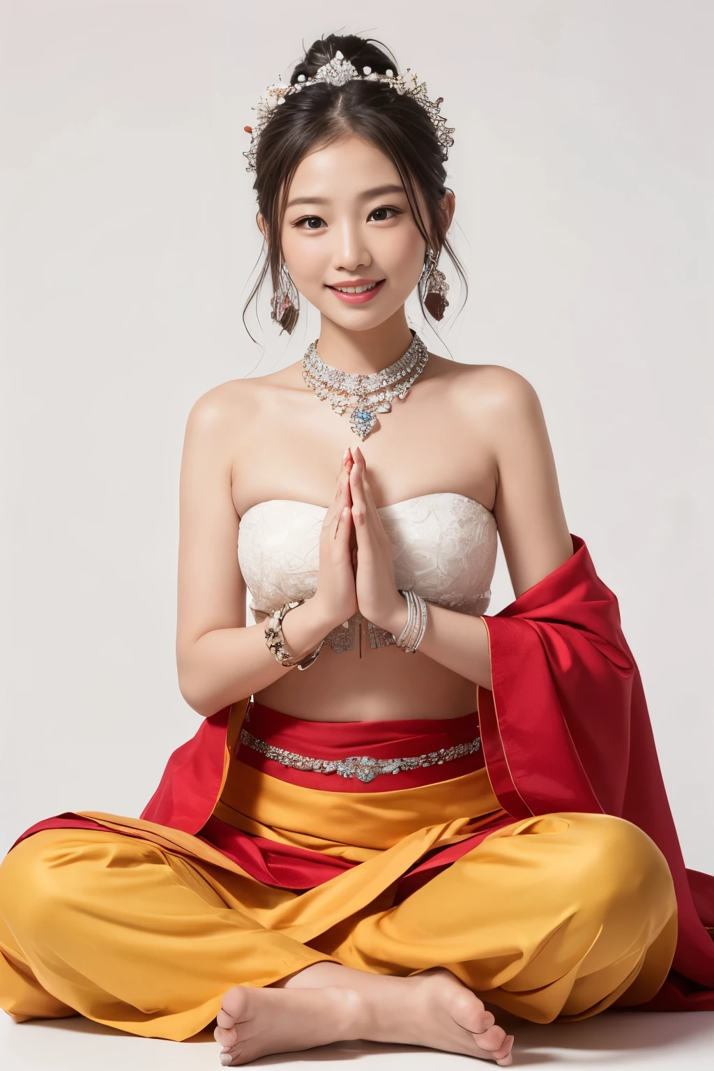 Guanyin bodhisattva fullbody sit meditate put your hand together smile faintly wear strapless wrap with long sarong and Wearing a jewelry Bracelet and hair tie back in wedding jewelry white background
