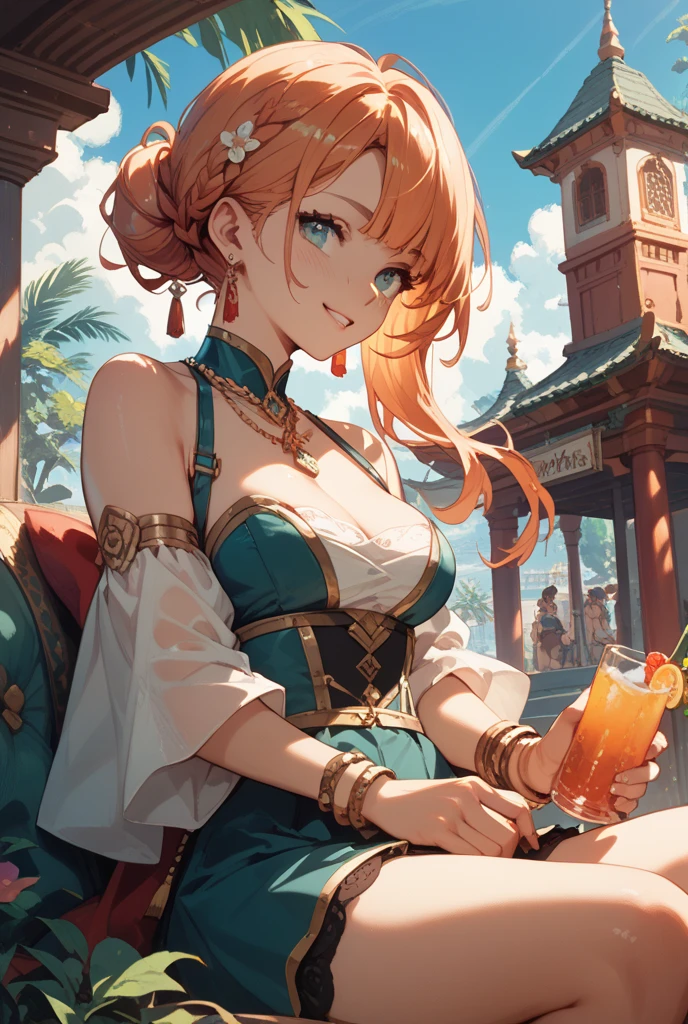 4K,High resolution,one woman,orange hair,long ponytail,blue eyes,big breasts,ancient chinese princess,fantasy long dress,side boob,ancient chinese royal family