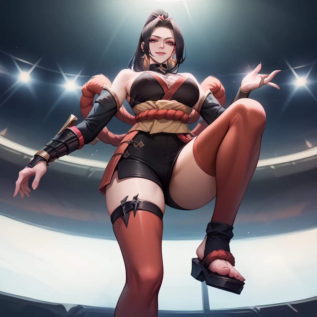 (best quality:1.5, highres, UHD, 4K, detailed lighting, shaders),best quality eyes, perfect hands, perfect finger, black curly haired, gradient hair, big breasts, red bra, big thighs, big butt, red jacket, red long pants, mature woman , (pov), black background, colorful eyeshadow, dramatic lighting, sparkling, happy expression, golden earrings, flowing hair, delicate facial features, dark skin, high cheekbones, urban setting, full body, black background, dont look for the camera, behind the camera