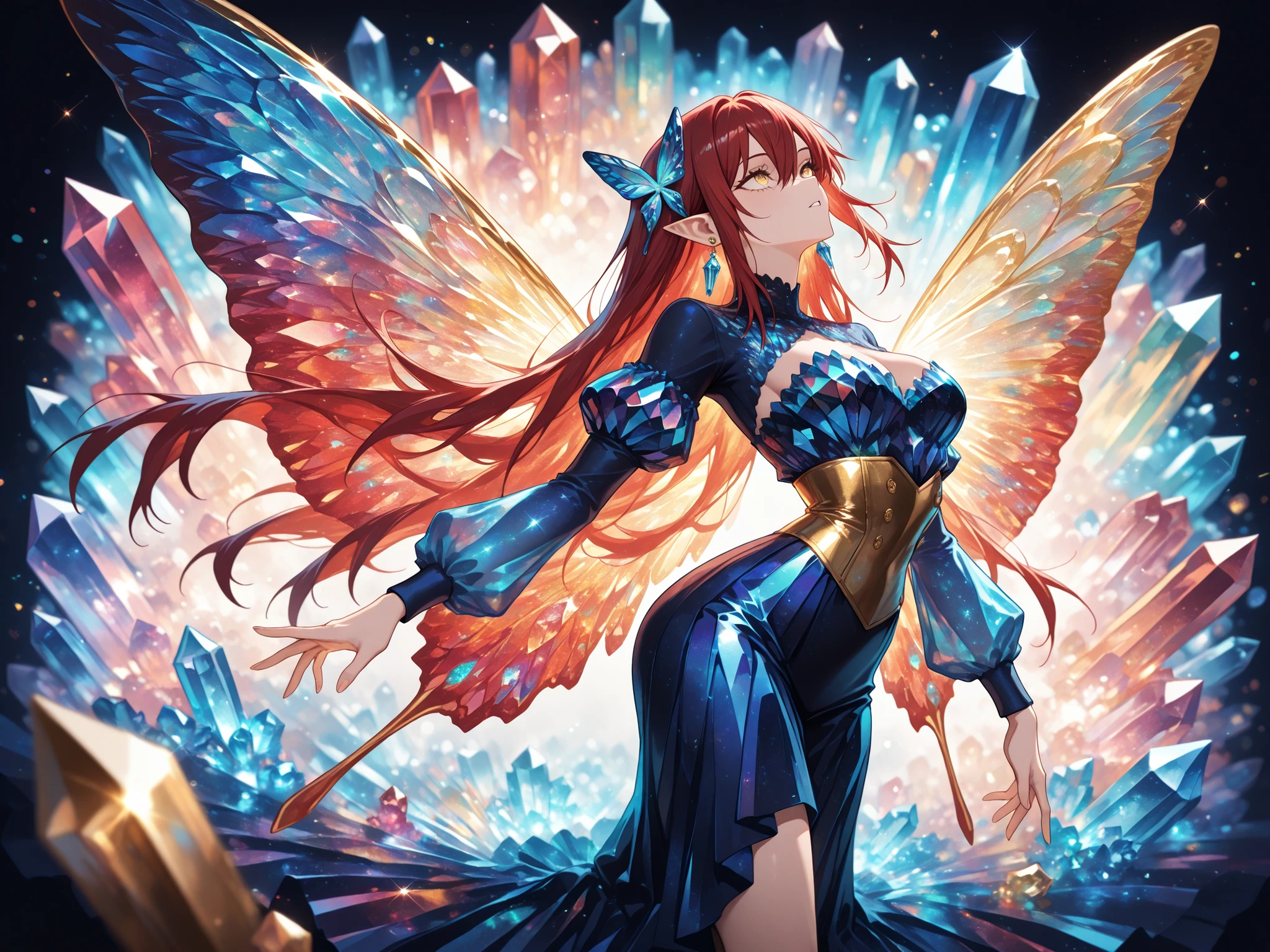masterpiece, ultra detailed, 16k, depth of field, (masterpiece), best quality, expressive eyes, perfect face, gacha splash, sharp lines, vivid colors, high contrast,sparkling, shining, colorful, translucent, glittery, shine, play of color blue and gold , refraction of light, crystalline texture, crystals, gems, jewels, 1 woman , Jujutsu Kaisen , golden eyes , very long hair , long sidelocks, (red hair) , (medium breasts: 0 . 8) , petite , very cute , beautiful ,, (petite but curvy), crystal fairy wings, sparkly blue and golden corset top, puffy detached sleeves, sleeves, crystal heart chest pendent, puffy skirt with blue ribbons, knee high skirt, butterfly hair ornament, full body, crystal earrings, arched back, looking up, pointy ears, cute, colorful background