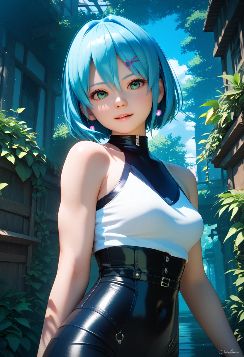 Dragon Ball Z,Bloomer,Light blue hair color,Beautiful Hair,Shortcuts,beautifully arranged bangs,Pale blue eyes,White skin,Photorealistic,Ultra HD,high quality,masterpiece,Digital SLR,Detailed details,Intricate details,Anatomical basis,Depicted in detail,A detailed face,Realistic skin texture,Vivid details,Perfect Anatomy,Perfect Anatomy,Anatomically correct hand,Anatomically correct fingers,Super Detail,Complex 3D rendering,Sexy pose,Beautiful morning glory(flower),Rainy Sky,Beautiful scenery,Fantastic rainy sky,Picturesque,Pink Lips,smile,Fantastic butterflies々,