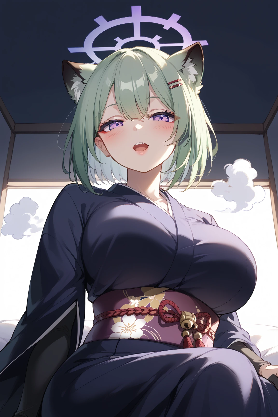 highest quality,wonderful,masterpiece,delicate,ultra high resolution,Super detailed,intricate details,beautiful,8K resolution,(Highly detailed CG Unity 8k wallpaper),sharp focus、Dark green hair、short hair、Cat ear、red glasses、big breasts、underboob、vivid hair、Shaggy hair、messy hair、vivid skin、Glossy skin、belly button、 face、lolita、short、kawaii、beautiful瞳、sexy、smile、Pleasure、happiness、autumn leaves、ginkgo biloba、outdoors、night、a flurry of autumn leaves petals、 red and green maid dress、light up