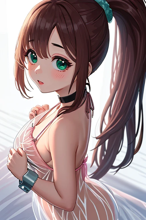 A beautiful girl in camisole sexy panties, anime girl, housewife, inside the room, inside the house, a window nearby, big rounds breasts, (yellow sleeveless camisole, pink panties with white heart print, panties with a little red bow in the middle), dark brown hair, bangs, long hair, wavy hair, hair one side up, expressive hair, shiny hair, hairclip, aqua eyes, (gradient eyes:1.3), glowing eyes, pupils sparkling, blush, bright pupils, grin, open mouth, (grin:1.3), glossy lips, forehead, cute face, finger to mouth, anime, high detail, anime style, depth of field, dithering, chiaroscuro, image fill, three sided view, panorama, perspective, photography, lens flare, Wide-Angle, f/1.8, 85mm, Nikon, 40k, super detail, UHD, retina, masterpiece, accurate, anatomically correct, textured skin, highres, best quality