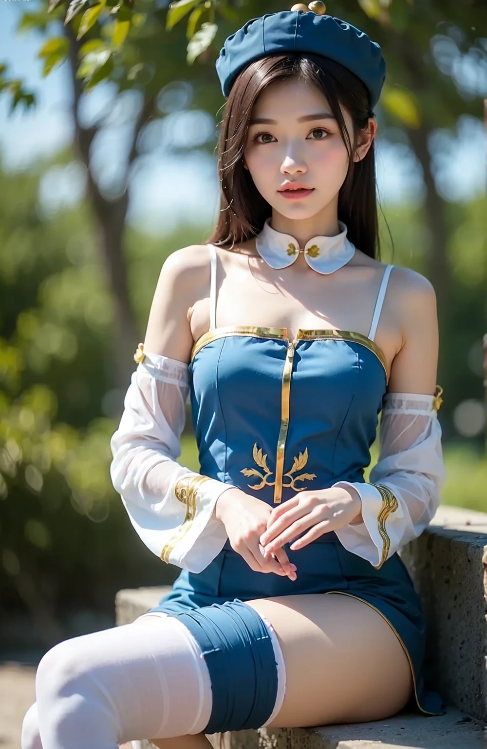 A young Japanese idol-style woman with a small, round face and youthful features. She has natural makeup with a hint of blush and glossy lipstick, wearing a confident and noble expression. Her hair is long, blonde, and styled in a straight, flowing manner. She has a short and voluptuous build with fair skin, a slim stomach, and a curvaceous figure. She is wearing a detailed SAO Alice cosplay outfit: a blue and white knight's uniform with a flowing cape, a golden breastplate, and a long, flowing skirt. She is standing in a heroic pose, one hand resting on the hilt of a sword at her side and the other raised in a gesture of command. The background features a grand, medieval castle with lush gardens and a bright, sunny sky. The camera angle is from a low perspective, capturing her full body and the majestic, regal atmosphere. The image should be high quality, realistic, and detailed.