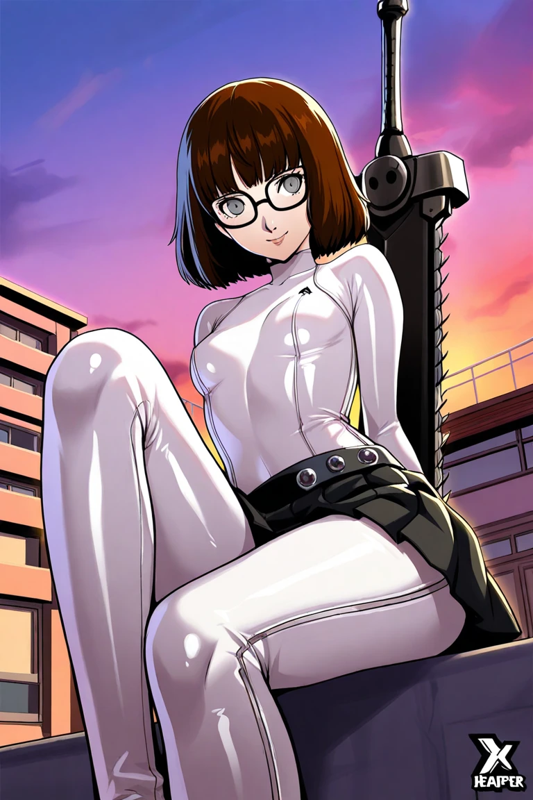 ace, 1girl, black hair, solo, white leotard, short hair, hairclip, black lipstick, long sleeves,full body,grey boots, bob cut,club \\(shape\\) , looking at viewer,((sitting on bench, spread legs, leotard aside, pussy, fingering vagina)),score_9, score_8_up, score_7_up, score_6_up, score_5_up, score_4_up city, cityscape,