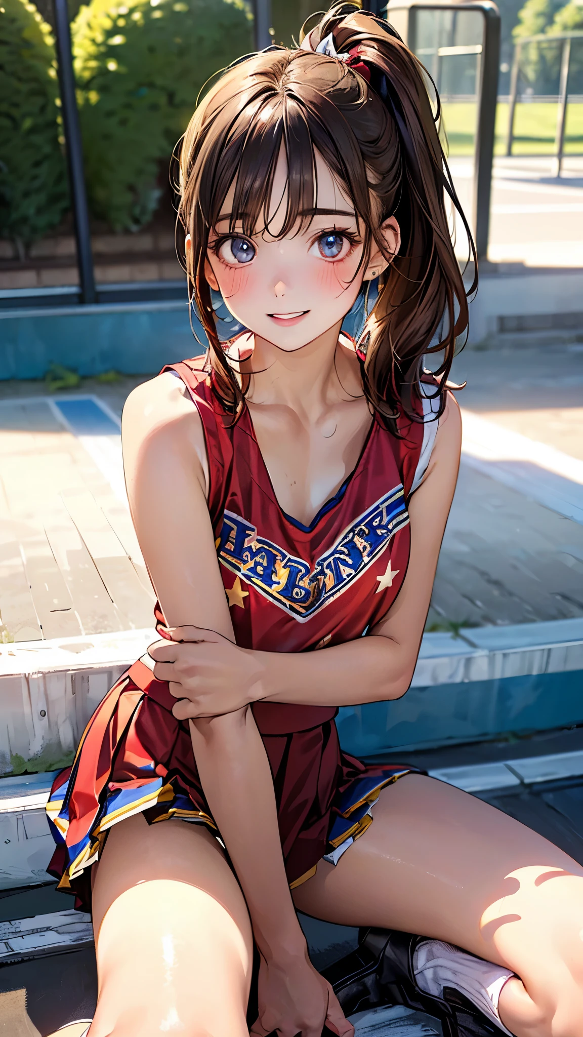 (masterpiece:1.3, top-quality, ultra high res, ultra detailed), (realistic, photorealistic:1.3), beautiful illustration, perfect lighting, natural lighting, colorful, depth of fields, 2025s, ,
beautiful detailed hair, beautiful detailed face, beautiful detailed eyes, (perfect anatomy, anatomically correct, super detailed skin), pink skin, shiny skin,
looking at viewer, (face focus, upper body), 1 girl, high school girl, cheerleader, cute and symmetrical face, perfect face, perfect eyes, perfect body, babyface, cute face:1.2, tiny,
(middle hair, side ponytail, long sidelocks, light brown hair), swept bangs, blue eyes, slant eyes, long eye lasher, (medium breasts, narrow west, seductive thighs), skin dentation,
(detailed cloth texture), (red pleated skirt, shoes, sleeveless, sleeveless red shirt, white socks, cheerleader), sexy underwear, heart mark underwear,
(beautiful scenery), summer, night, detailed background, (park:1.5), , , (spread your legs and cheer, ), (lovely smile, shy, blush, parted lips),