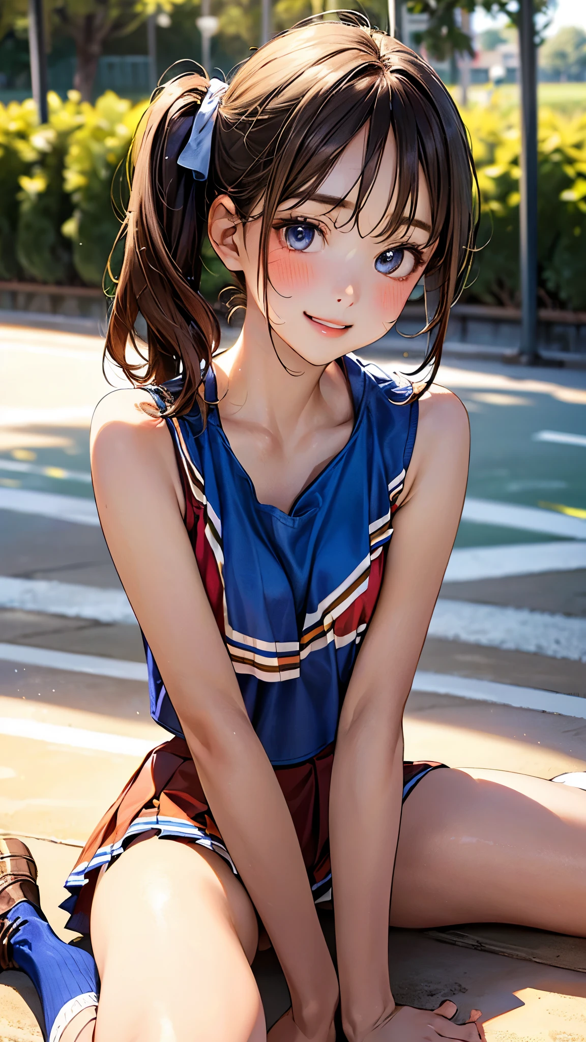(masterpiece:1.3, top-quality, ultra high res, ultra detailed), (realistic, photorealistic:1.3), beautiful illustration, perfect lighting, natural lighting, colorful, depth of fields, 2025s, , 
beautiful detailed hair, beautiful detailed face, beautiful detailed eyes, (perfect anatomy, anatomically correct, super detailed skin), pink skin, shiny skin, 
looking at viewer, (face focus, upper body), 1 girl, high school girl, cheerleader, cute and symmetrical face, perfect face, perfect eyes, perfect body, babyface, cute face:1.2, tiny, 
(middle hair, side ponytail, long sidelocks, light brown hair), swept bangs, blue eyes, slant eyes, long eye lasher, (medium breasts, narrow west, seductive thighs), skin dentation, 
(detailed cloth texture), (red pleated skirt, shoes, sleeveless, sleeveless red shirt, white socks, cheerleader), sexy underwear, heart mark underwear, 
(beautiful scenery), summer, night, detailed background, (park:1.5), , , (spread your legs and cheer, ), (lovely smile, shy, blush, parted lips),