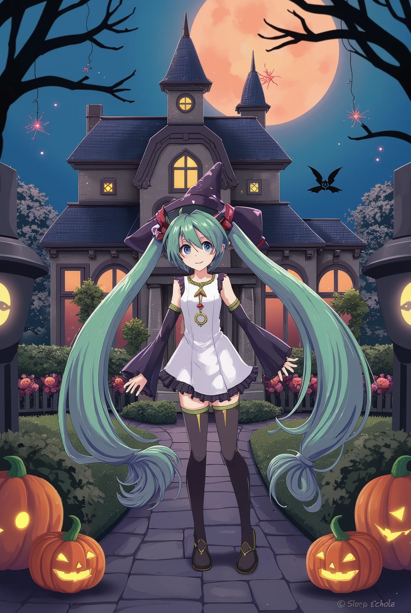 ( masterpiece、 best quality、 best quality、Official Art、 beautiful beautiful :1.2) Hatsune Miku、light green twin tails, beautiful breasts, かわいいGirl Drawingに魔女の帽子がのっています 待っています ハロウィンのために, Aesthetic girl , and glowing tea cups , elegant , Oil Enamel, painting that makes you feel the chill , high quality digital paint, elegant digital painting, Cute portrait, Girl Drawing, Beautiful ,Digital Art Oil Painting , ,,, 丘の上のghostの出るビクトリア様式の邸宅 , that window shines with a dim orange light , and a full moon depicting a silhouette of a flying witch . The mansion has intricate Halloween decorations and : twisted vines, cobweb, 、 flashing lights . vestibule, with a spooky gargoyle statue , 。A group of trick or treaters carefully approach the door , dressed as a vampire , ghost, skeleton. The atmosphere is foggy, 、 wind shakes dead leaves that are scattered along the path , is guarded in a , But it feels like a festival