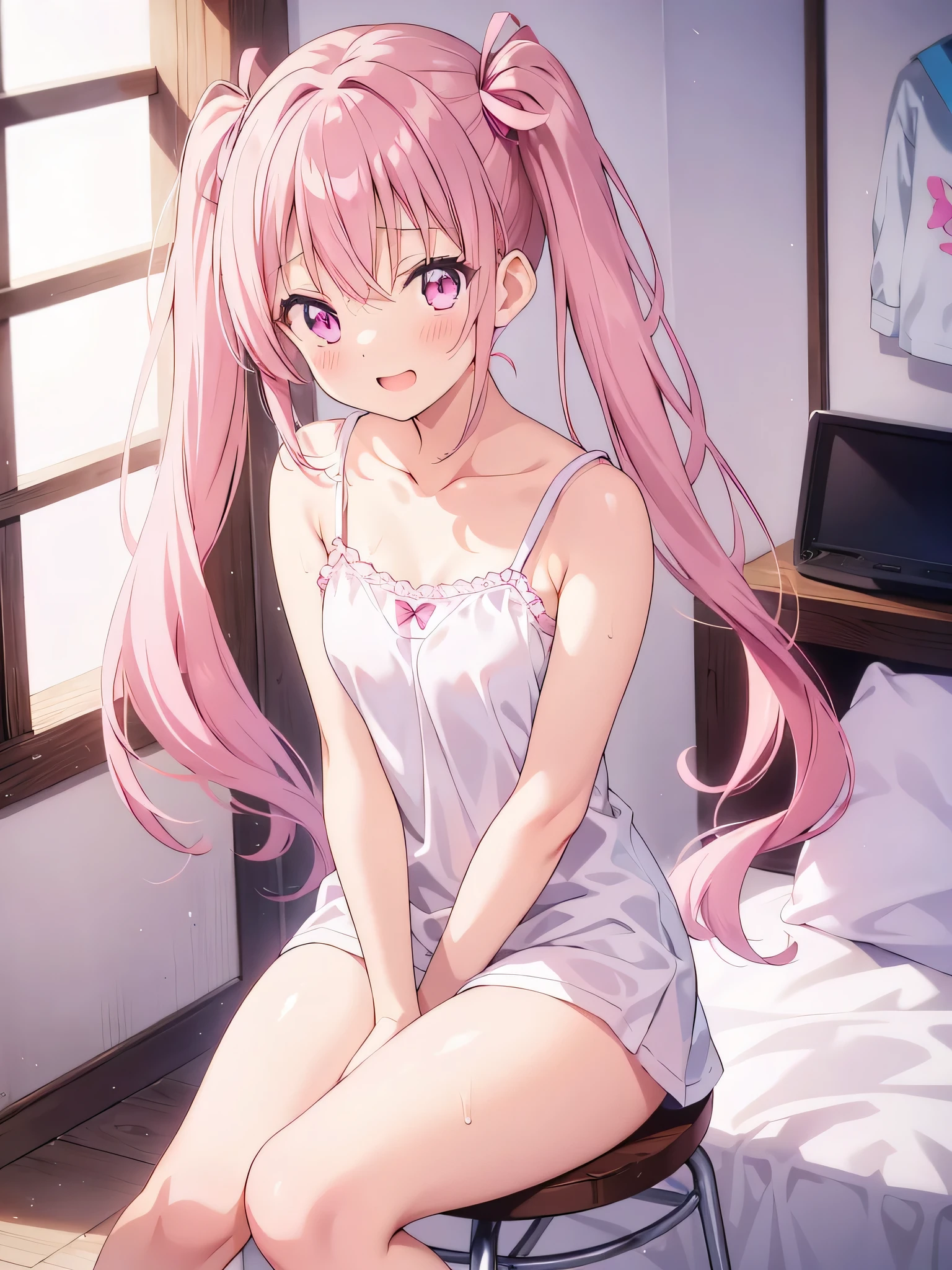pink eyes, (anime:1.2), cute, masterpiece, Best Quality, high definition, highly detailed representation, Light background, smile, cowboy shot, shadow, light source, small breasts, (barefoot:1.1), twin tails, pink hair, Sparkling, (white camisole:1.3), my room, morning, living room, (show nipple:0.8), (lust:1.2), Clothes turned upside, standing, (shy:1.3), (sit down:1.3), Taking off clothes, 服をたくし上げる