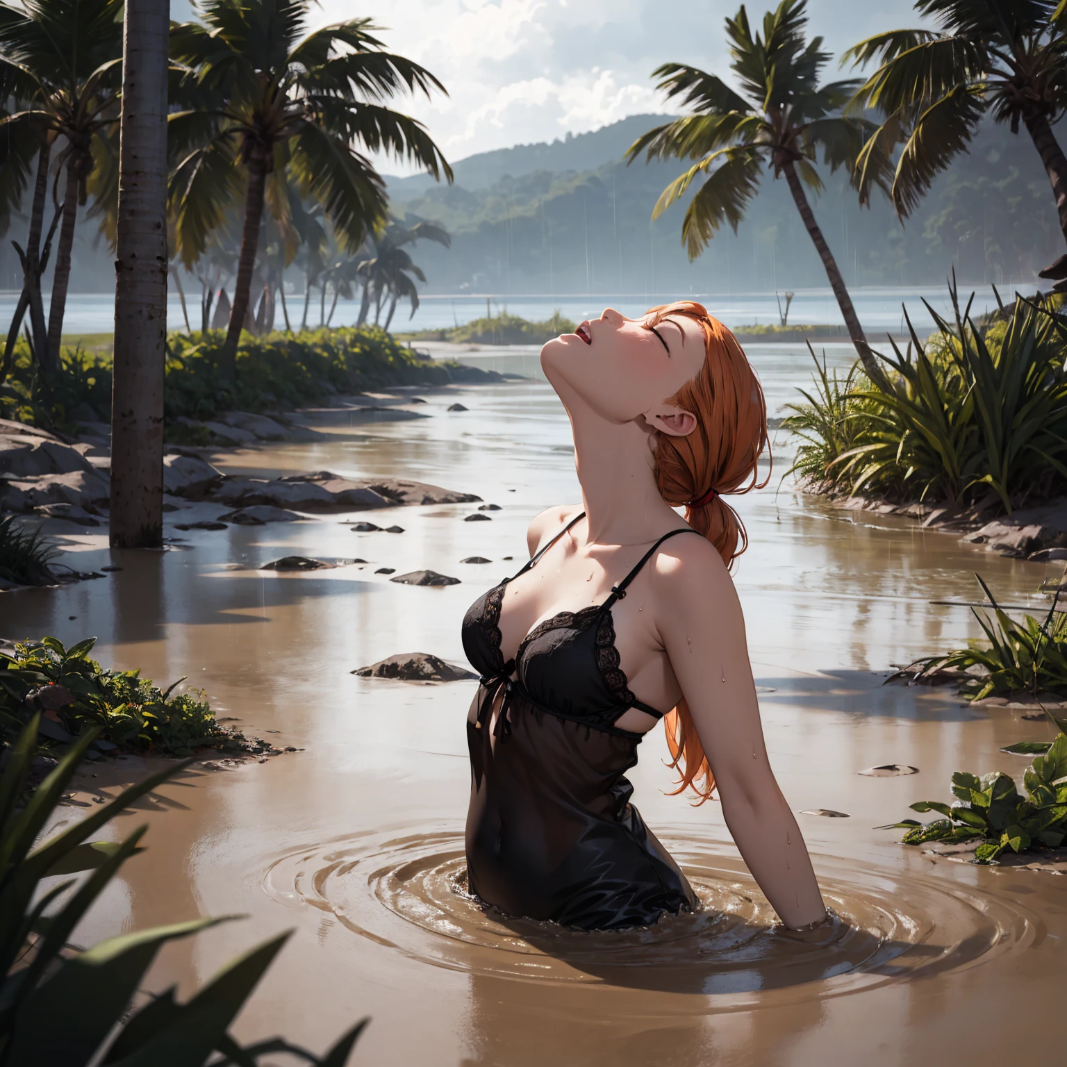primer plano. A very beautiful young woman stands in the water of a river and shouts with joy with her hands raised.............. (Good Composition) (obra de arte) (Arte expresivo). (((Pechos masivos gigantes))) (((cabello pelirrojo)))
