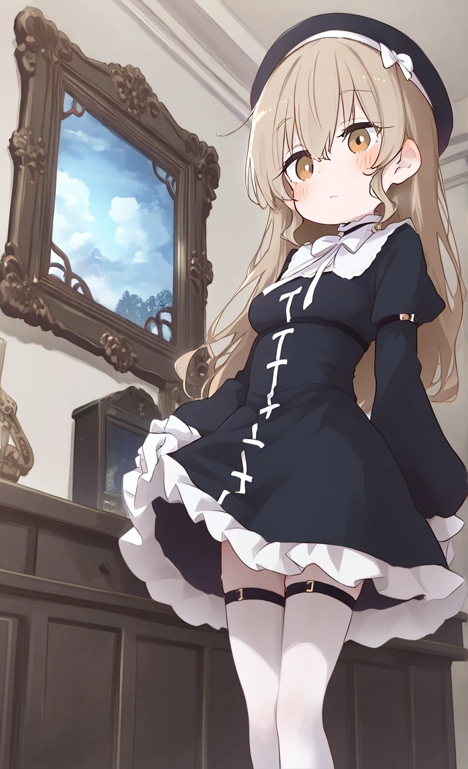 BREAK Perfect Anatomy、(High resolution:1.2)、Incredible illustrations、(Cute illustrations:1.2)、(Beautiful background(bushes in the park)) 1little girl((multicolored hair,((((bangs over eyes)))), embarrassed,)1girl((a girl,elf 1.5meters, 25kg,18 years old female, ((tunic,poncho,frilled pants,asymmetric thigh-high socks, sandals),tilting head,legs apart(((dress lift)),upskirt))