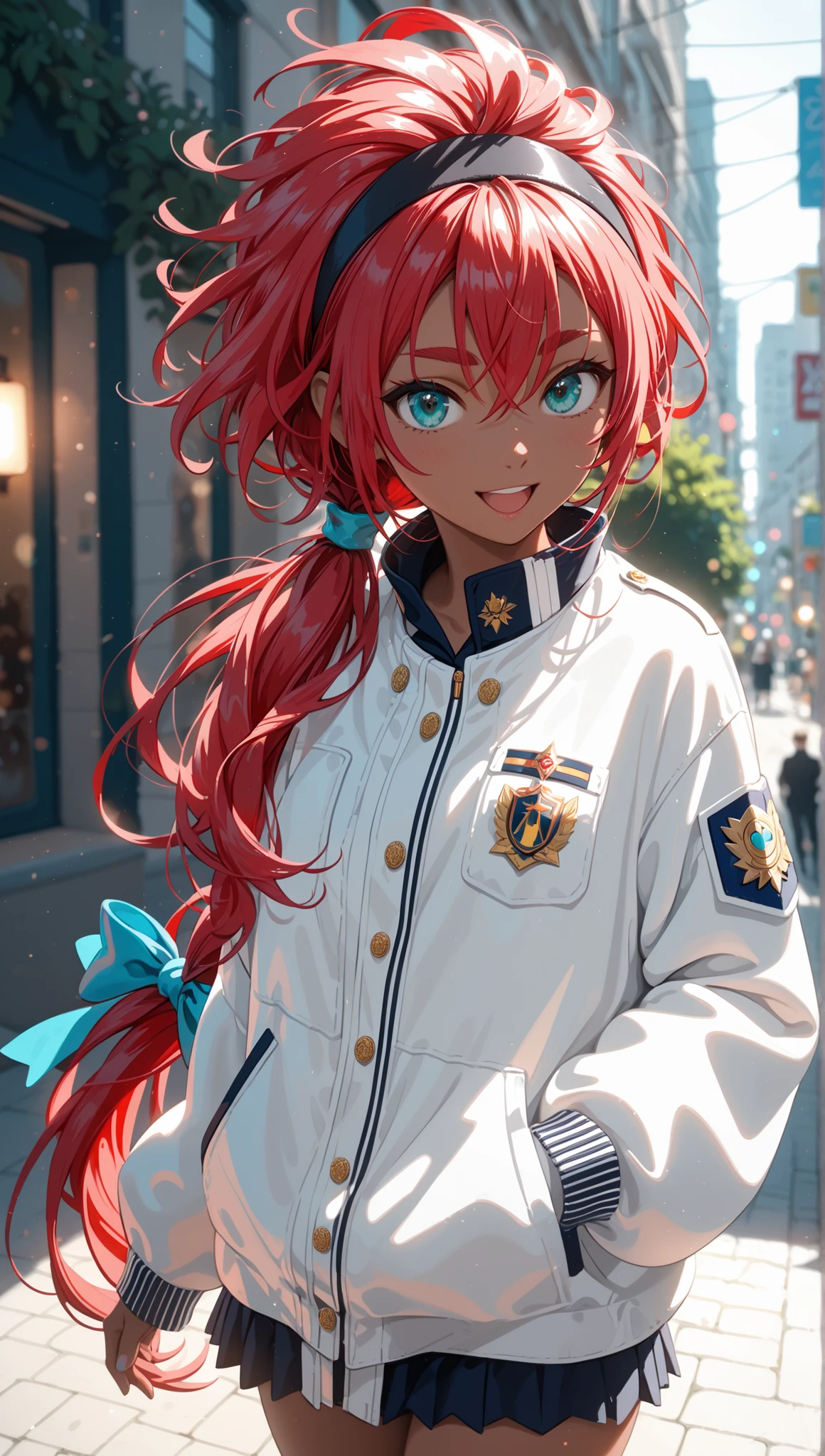 Thread Mercury, stupid hair, Aqua Eyes, black headband, Black Skin, dark-skinned woman, hair between eyebrows, headband, long hair, Low Ponytail, red hair, Kakiage Bang, Thick eyebrows, and open the mouth, Is a Smiley Smile, blanking, asticassia uniform, jacket, long sleeve, uniform, white jacket, Thighs, (nsfw), outdoor,
((ultra detailed)), (((high dynamic range lighting))), (((masterpiece))), (最High Quality), High Quality, complicated details, (very detailed CG unity 8k wallpaper)), vest shadow, ((very detailed fine touch)), (high resolution), (8k), (very detailed), (4K), (ピクシブ), perfect face, Beautiful eyes and face, (very detailed), detailed face and eyes, textured skin,