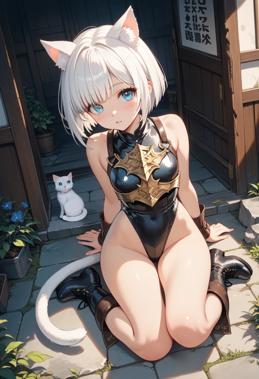 Koneko Toujou, anime character, ((High School DXD)) (white hair, short hair), (yellow eyes, feline eyes), short stature, innocent look, curvy body, very young, almost no breasts, beautiful hips, thick thighs, pink bikini, yellow eyes, full body, standing, emphasis on ass, small curvy loli, just on her back, (looking over her shoulder), solo, 1girl, clear image: 1, (correct anatomy: 1.2), (best quality: 1.2), best lighting, (best shadow: 1.1), highres, (ray tracing: 1), reflected light, (high detail clothing: 1.3) ), ((illustration: 1.1)), (((best quality))), ((beautiful detailed eyes)), ((ultra-detailed: 1)), colorful, wallpaper, (perfect art: 1) , (beautiful face: 1), pure face, focus on the character, (detailed hands, five fingers),