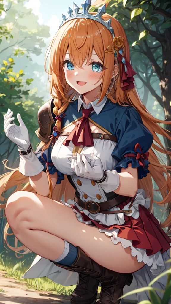 {{{masterpiece}}}, {{{best quality}}}, {{ultra-detailed}}, {illustration}, {{an extremely delicate and beautiful}}, (beautiful detailed eyes:1.6), extremely detailed face, extremely detailed CG, (perfect hands, perfect anatomy), 16k, anime face, Pecorine(Princess Connect!), 1 girl, cute face, blue eyes, hair ornament, long hair, orange hair, tiara, braid, hair braid, ahoge, medium breasts, thin waist, big hips, curvaceous, arm belt, armor, ascot, blue socks, boots, dress, gloves, hair ornament, open clothes, open dress, pauldrons, pleated skirt, puffy short sleeves, puffy sleeves, red ascot, red skirt, white petticoat, short sleeves, shoulder armor, single pauldron, skirt, socks, white dress, white footwear, white gloves, BREAK, A girl with her butt on the ground is smiling shyly with her legs apart, M-shaped spread your legs, spread legs, squatting, open mouth, embarrassed, smirk, flushed cheeks,peer in from below, looking at viewer, outdoor, sky, daytime, forest, field, cameltoe, erect nipples