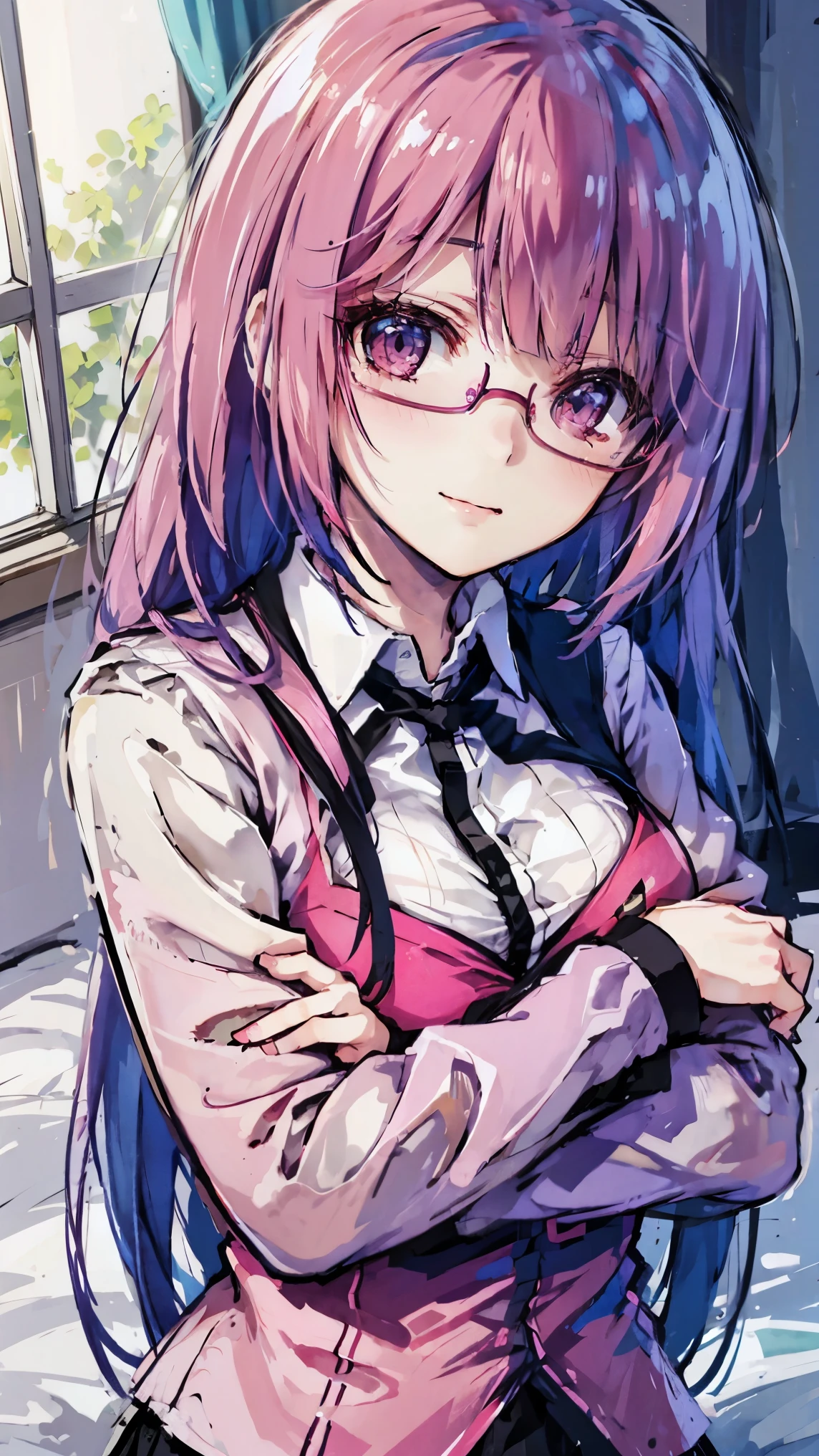 glasses、pink hair、uniform、soft atmosphere in natural light、、Beautiful Girl、pure、 Glossy、Smile、light and shadow、masterpiece、Super advanced details 、Unique hairstyle、long hair、bed、with arms crossed
