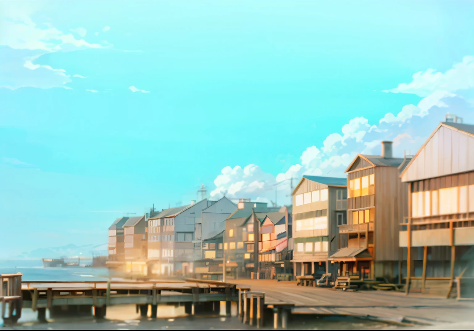 DVD screengrab from old movie, (seaside dock wooden bridge:1.4), (harbor town in the distant background:1.2), high detail, accurate perspective, masterpiece, white clouds on a blue sky, retro anime, tour view, fog