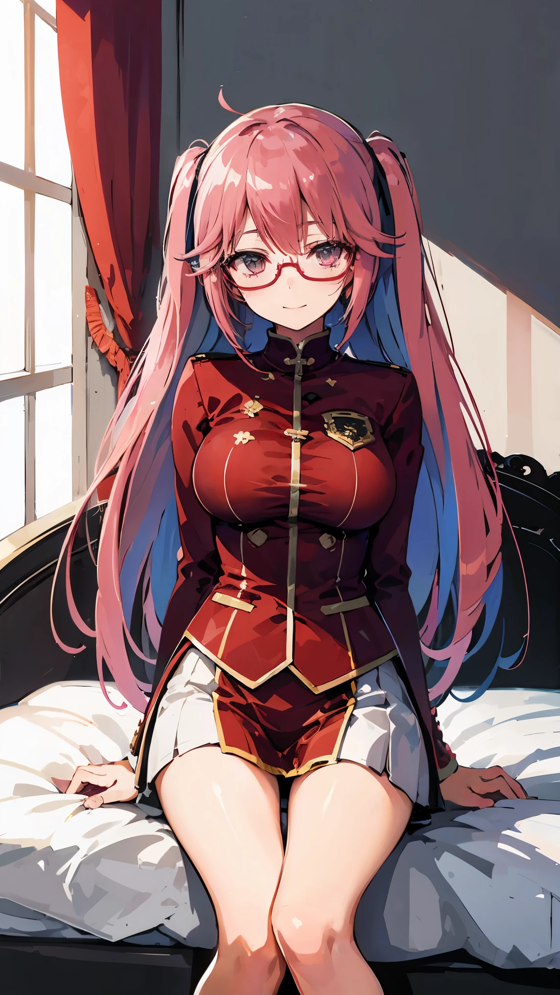 glasses、pink hair、uniform、soft atmosphere in natural light、、Beautiful Girl、pure、 Glossy、Smile、light and shadow、masterpiece、Super advanced details 、Unique hairstyle、long hair、bed、with arms crossed