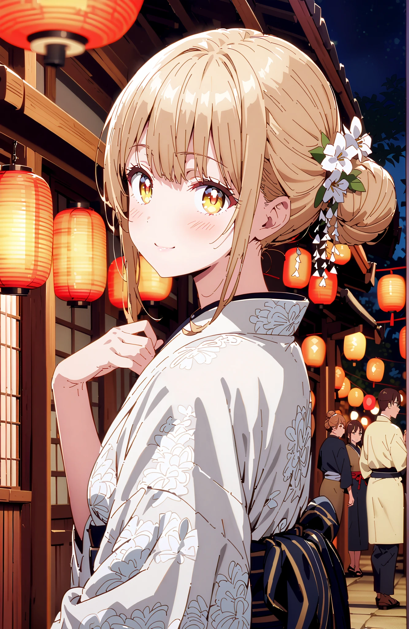 椎名まひる, bungs, Gold, brown hair, yellow eyes,side lock, single bun hair,Nape,White flower pattern kimono,standing,Light up fireworks,Japanese stalls ,Red Lantern,night,smile,blush,close your mouth,full bodyがイラストに入るように,break outdoors, Japanese Festival,
break looking at viewer,full body,
break (masterpiece:1.2), best quality, high resolution, Unity 8Kの壁紙, ( illustration :0.8), (beautiful detailed eyes:1.6), very detailed faces, perfect lighting, very detailed CG, (perfect hand in h, perfect anatomy),