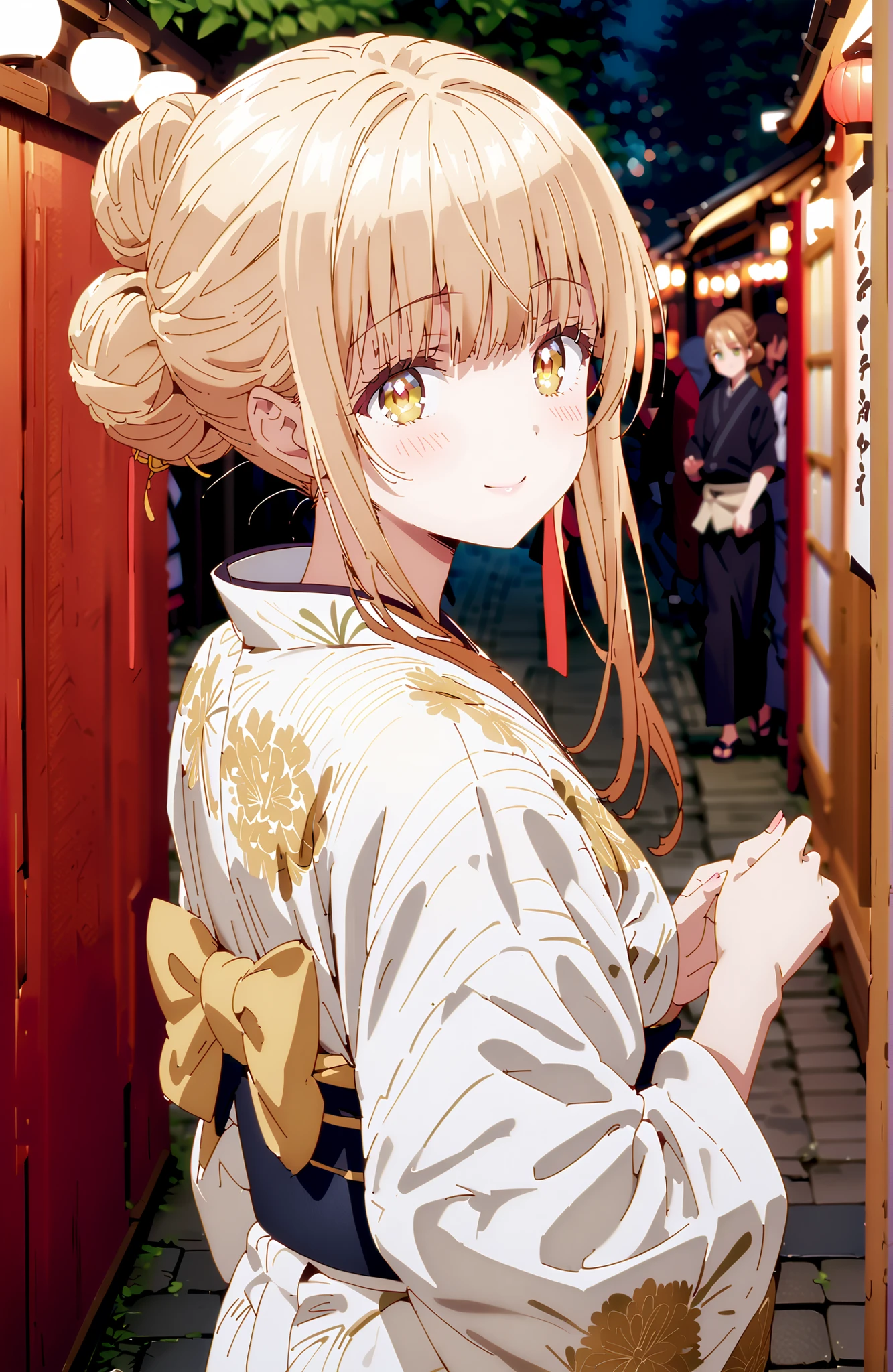 椎名まひる, bungs,  Gold, brown hair, yellow eyes,side lock, single bun hair,Nape,White flower pattern kimono,standing,Light up fireworks,Japanese stalls ,Red Lantern,night,smile,blush,close your mouth,full bodyがイラストに入るように,break outdoors, Japanese Festival,
break looking at viewer,full body,
break (masterpiece:1.2), best quality, high resolution, Unity 8Kの壁紙, ( illustration :0.8), (beautiful detailed eyes:1.6), very detailed faces, perfect lighting, very detailed CG, (perfect hand in h, perfect anatomy),