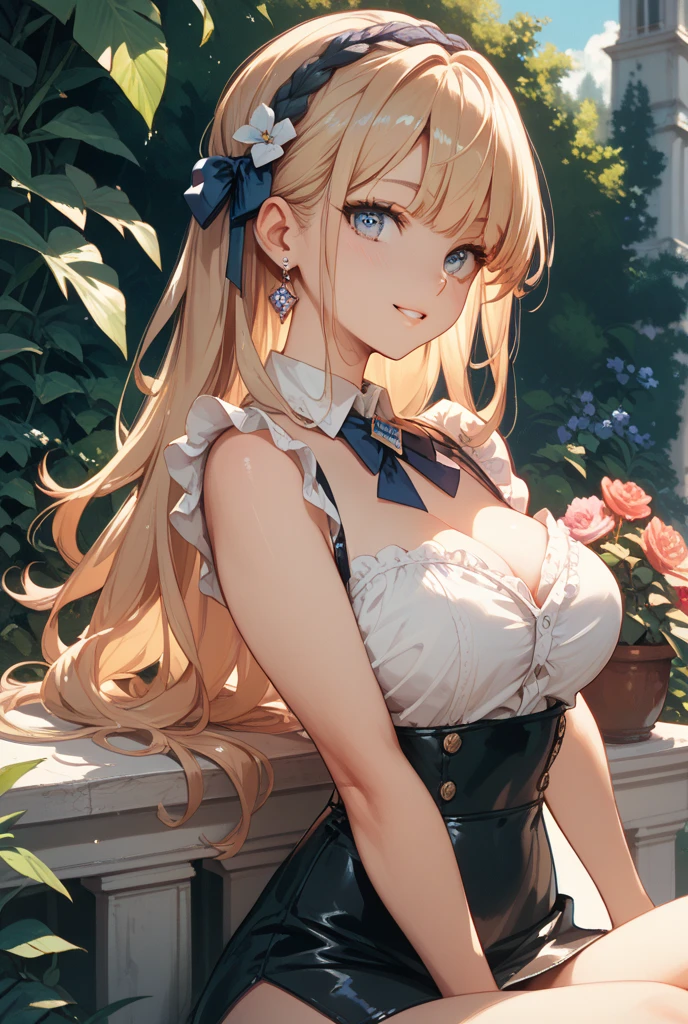 (High quality, High resolution, Fine details), (vibrant polka dot black dress), (Large ribbon at the waist), clear weather, lush greenery all around, sparkling dewdrops on the flowers, solo, curvy women, blond hair, sparkling eyes, (Detailed eyes:1.2), smile, blush, Sweat, Oily skin, shallow depth of field, soft sunlight, gentle lighting
