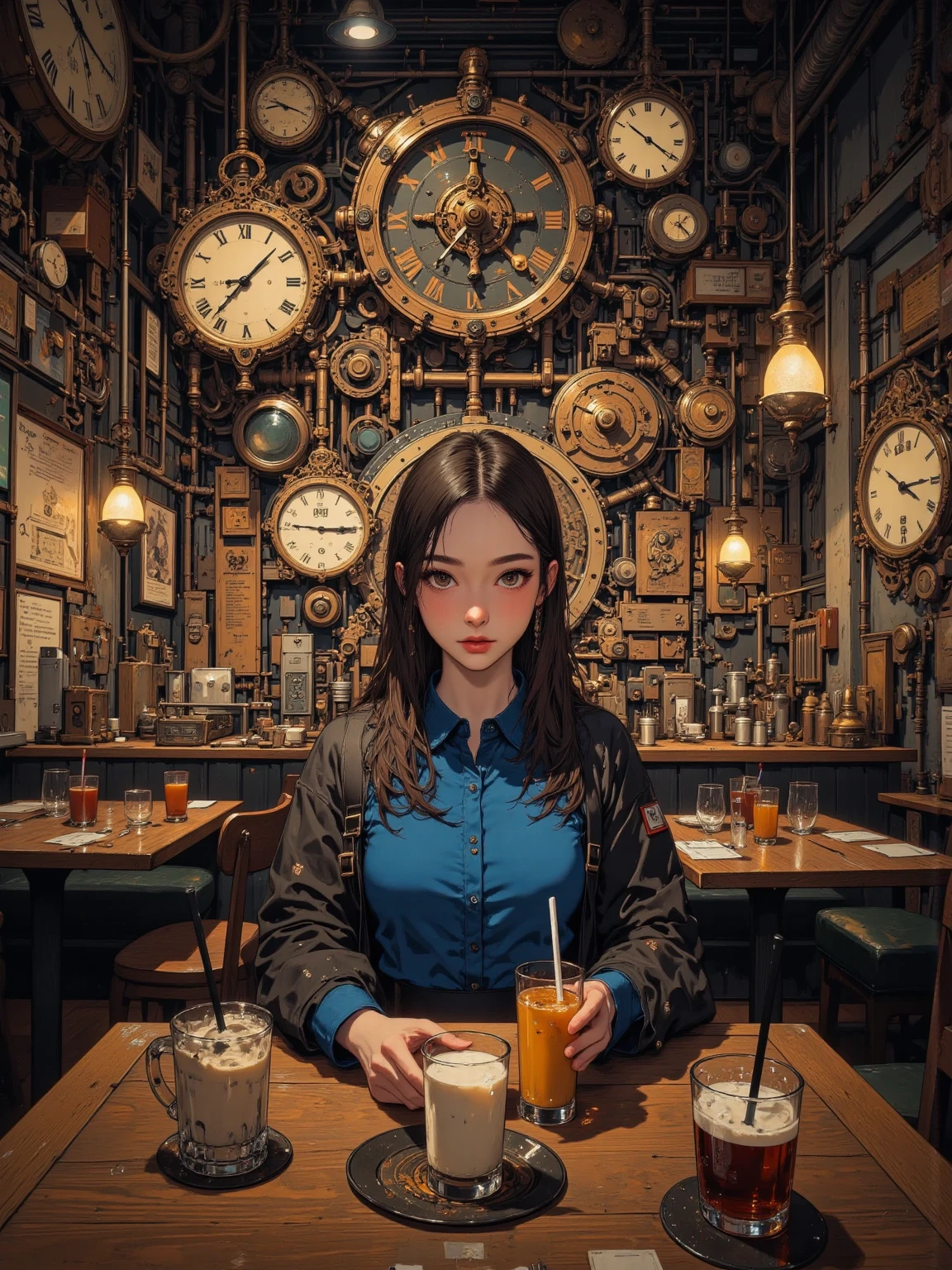 The image is a unique steampunk-themed restaurant scene with large cogs and clockwork machines adorning the entire restaurant,A female customer is sitting at a wooden table, Industrial-chic setting,Wines and drinks,dim, Ambient lighting enhances the atmosphere, highlighting the intricate mechanical details and numerous clock faces that adorn the space,gears and clocks of all sizes,In a creatively designed environment,Lively,An intimate dining experience, masterpiece,very real ,  Virgil Finley's style,asymmetrical background,full color , anatomically accurate, exquisite , vintage clock and gear on the background wall,casual restaurant setting, The focus is a woman in a blue shirt and jacket sitting in the center,sitting at the center table,lively yet relaxed atmosphere,is an enclosed space rather than open