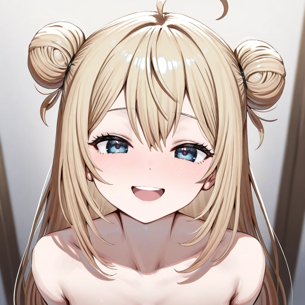 ((masterpiece, best quality)), high resolution,ultra detailed,8k,16k,detailed background, perfect lighting,detailed beautiful eyes, 1girl,solo,embarrassed,blush,steam,sweat,in heat,look at viewer,face focus,(from front:1.4),upper body,provocative eyes,fisheye lens,be breathless,(happy smile,show off armpits,arms up),long nipple,small breast,slender,short stature,slender,pale skin,small breast,twin braids,medium hair, blond hair,pink eyes,momoi (blue archive),cat ears,nude
