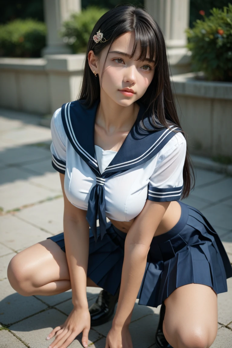 top-quality,ultra-detailliert,masterpiece,realisitic,Photo Real,Bright lighting,1 clove of garlic:1.2), Upper body、The upper uniform is torn and the bra is visible.、A sexy、Skirt flutters、Cute underwear、Uniform torn、kawaii、Angle from below、skinny、small tits、an extremely beautiful , (kawaii:1.2),Bursting smile, Black eye,A dark-haired,bobhair、,(bangss),perfect glossy skin,flawless skin,((erotick,sexy for)), large full breasts,big breasts thin waist, Look at viewers,a sailor suit,high-school uniform:1.2、shortsleeves,neck tie,Raise,sockes、Futomo、(Loafer shoes), during daytime,Raise