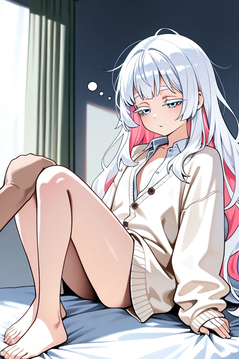 Arisa_Mikhailovna、Arisa Mikhailovna Kujo,tomorrow, My friend is planning a visit to Russia.、(Perfect Face, Detailed face, Beautiful Eyes,Perfect hands,Perfect Fingers)、Red face、A little steam、hot、Maternal, feet, alone, 1 Girl, Silver Hair,Beautiful blue ocean eyes、Pink hair in the eye、Long Hair, Red ribbon hair ornament,Thin hair ornament、Big eyes,Blushed、Dirty Face、panic、panic、 (masterpiece:1.2, Highest quality), (細かくてBeautiful Eyes: 1.2), (Beautiful and dense face), (Sharp facial hair between the eyes)、Underwear is visible、20-year-old, grinding, Transparent panties、Large Breasts、Neon lighting、look up、White cardigan、cute 、Short skirt、White Background、Yoga poses、Perfect hands、((Love Hotel))、Open your mouth、Clothes falling apart