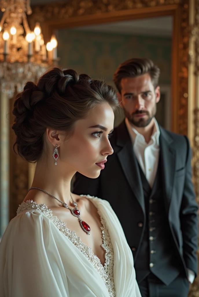 Super handsome man and woman Victorian era caucasian man, about 26 years old, very handsome and manly with a kind look, buzz cut, blue eyes blonde hair, looking alike Drew Starkey the actor, with a 24-year-old woman of colour Tyla looking alike with brown eyes, a diamond, beautiful face, very beautiful, braided dark hair, perfect breasts red dress, almost kissing, touching their lips and looking at each other with love, showing that rapport between them. and in the background something emblematic of the Victorian era. all very detailed