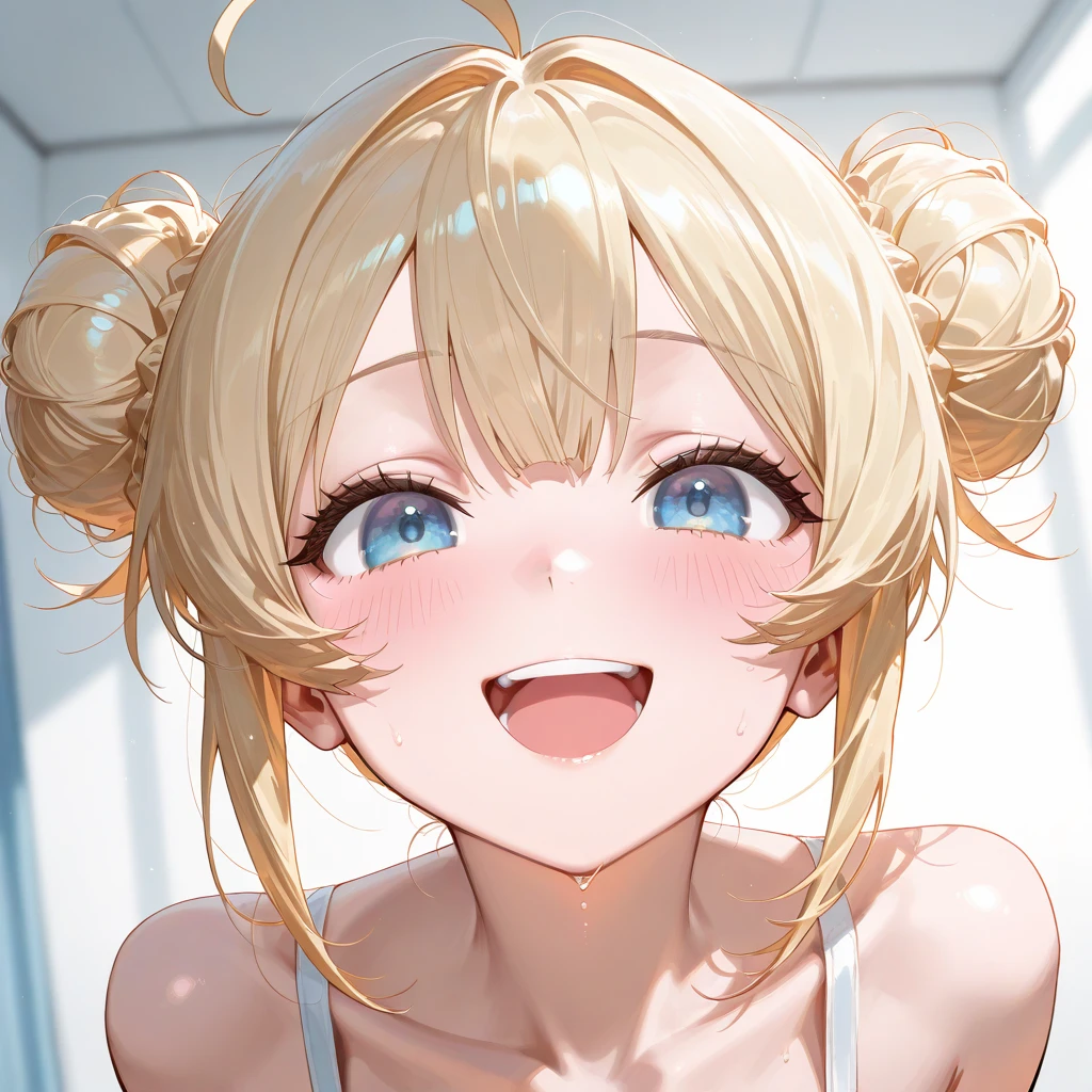 nsfw,(Petite),(A cute boy),blonde low twintails,lips,(Handjob voyeur),Sweat,White Breath,Audience peering from above,On all fours,(Drooling),camisole,((Mouth overflowing with sperm)),Drooling