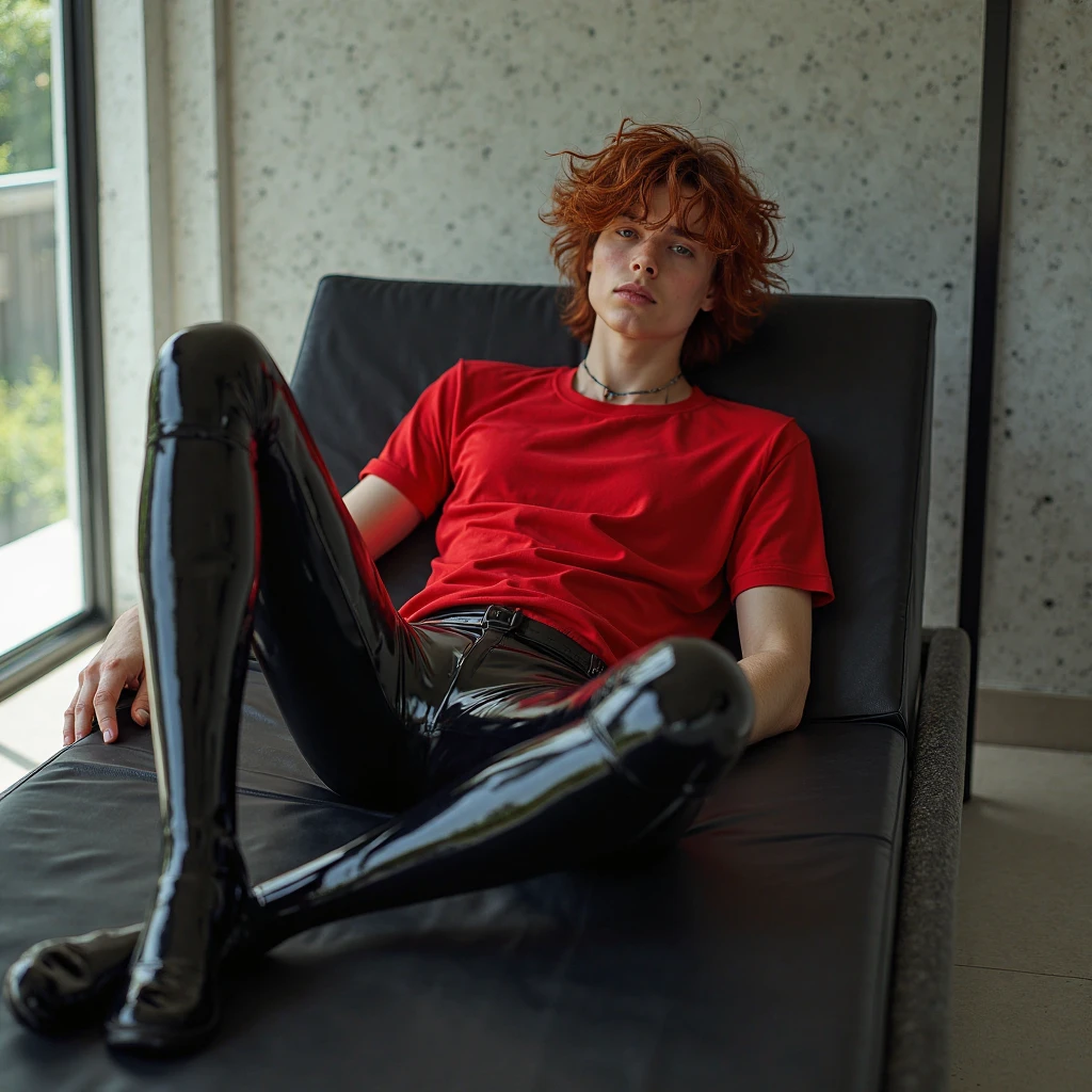 A boy wearing a green turtleneck, green long sleeves, red gloves, gray long pants and black boots and orange hair, sitting at home stressed sitting with his legs spread.